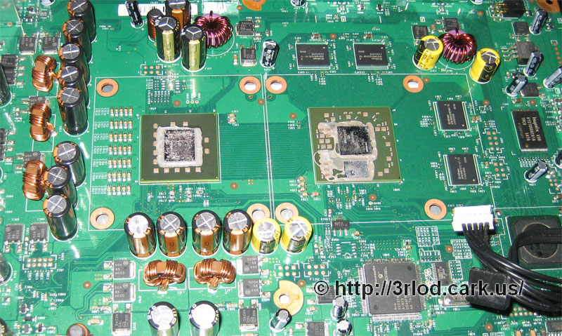 Xbox 360 main board after the CPU and GPU heatsinks have been removed.